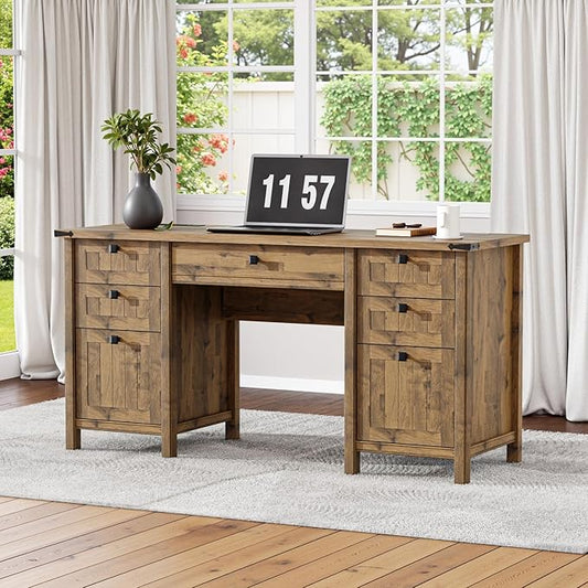 Farmhouse Executive Desk with Drawers - 62" W Farmhouse Computer Desk with Power Outlets & USB Charging, Heavy Duty Storage Desk for Home Office & Study.Vintage