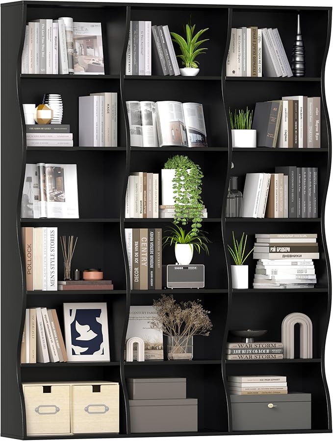 71" Triple Wide Bookshelf, 6 Tier Tall Bookcase with Storage, Large Book Shelves with 18 Open Display Shelves, Black Bookcase for Living Room, Study, Home Office, Library (Black)