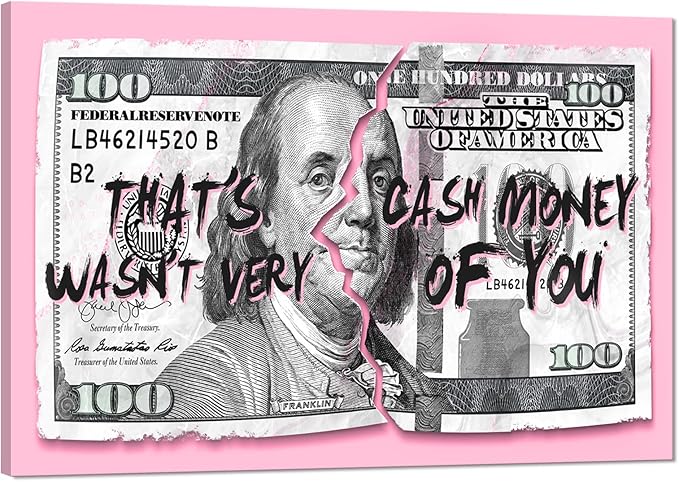 Money Wall Art 100 Dollars Bill Canvas Painting Modern Print Artwork Inspirational Entrepreneur Pink Benjamin Franklin Picture for Bedroom Living Room Office Decor, Framed 24"W x 36"H