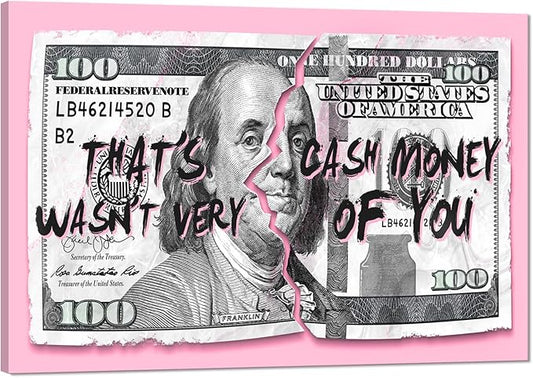 Money Wall Art 100 Dollars Bill Canvas Painting Modern Print Artwork Inspirational Entrepreneur Pink Benjamin Franklin Picture for Bedroom Living Room Office Decor, Framed 24"W x 36"H