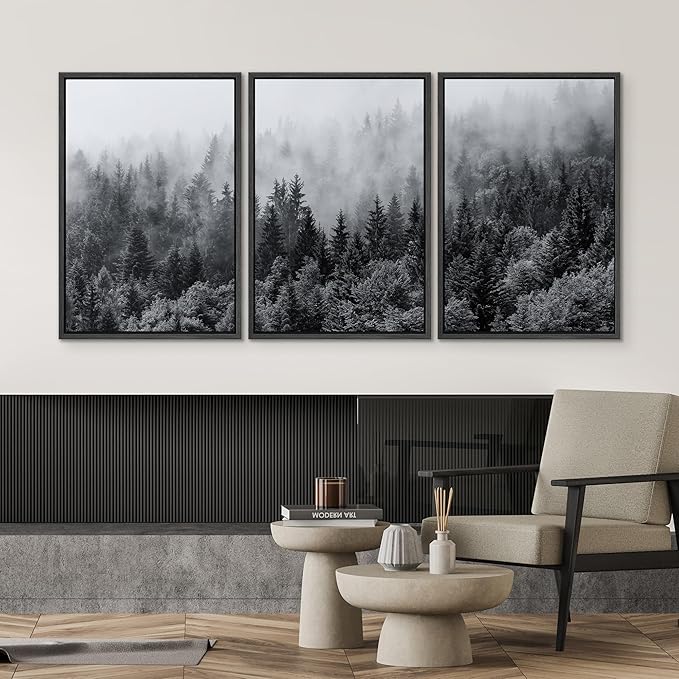 SIGNWIN Framed Canvas Print Wall Art Set Black & White Misty Mountain Forest Nature Wilderness Photography Modern Art Chic Landscape Relax/Calm for Living Room, Bedroom, Office - 24"x36"x3 Black