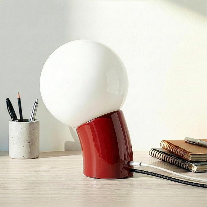 Brightech Vino LED Table Lamp - Small 8" Modern Dimmable Metal Lamp with USB-C Charging, Frosted Glass Globe Shade - Warm White Accent Light for Bedroom, Living Room, Bedside, Nightstand - Red