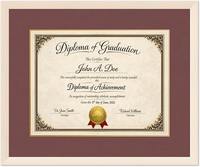 Diploma Frame Coastal Whitewash with Dark Red Over Gold Double Mat - Fits 17 x 13 International Diploma Wall Display Made in the USA