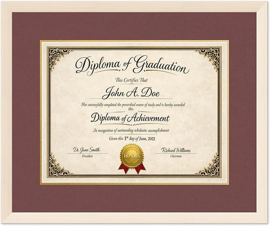 Diploma Frame Coastal Whitewash with Dark Red Over Gold Double Mat - Fits 17 x 13 International Diploma Wall Display Made in the USA