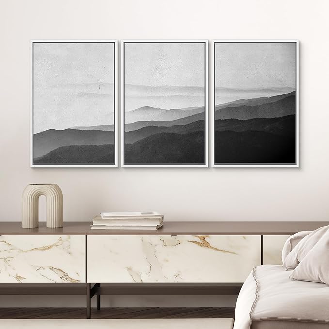 SIGNWIN Framed Canvas Print Wall Art Side of Mountain in Mist Nature Rocky Cozy Neutral Minimalism Contemporary Black and White for Living Room, Bedroom, Office - 24"x36"x3 White
