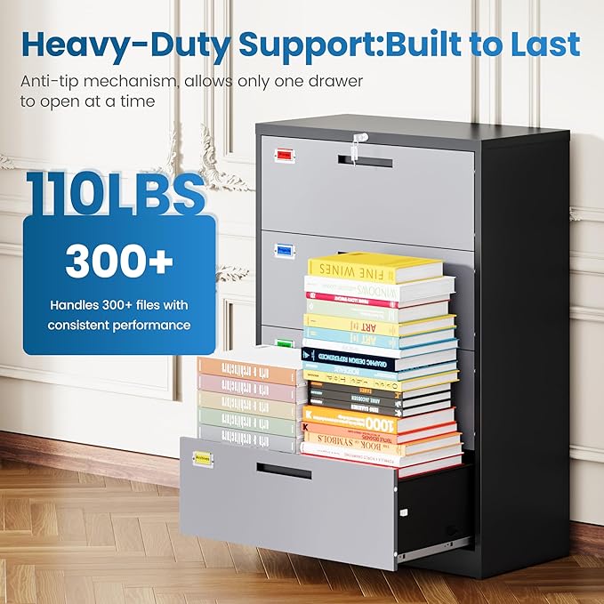 4 Drawer File Cabinet, Lateral Filing Cabinets for Home Office, Office Storage Drawers with Lock, Hanging Files Legal/Letter A4 Size (Assemble Required,Black Grey)