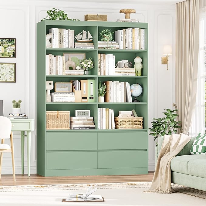 FINETONES Bookshelves and Bookcase, 47.3" Double Wide Bookshelf with Drawers, 71" Tall Bookshelf Large Open Book Shelf Standing Book Case for Home Office, Green