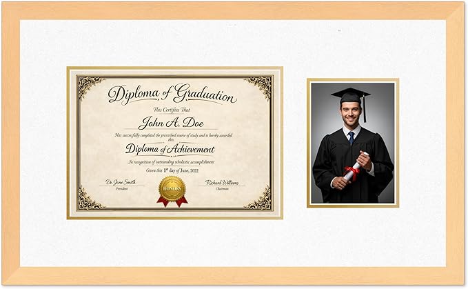 Diploma Frame With Photo Opening Natural Wood Oyster Shell Over Gold Mat - Fits 11.69 x 8.27 Degree and Picture Made in the USA