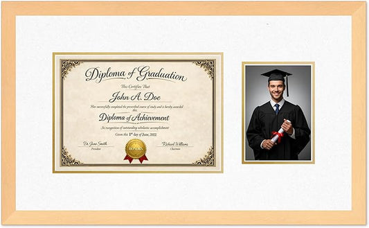 Diploma Frame With Photo Opening Natural Wood Oyster Shell Over Gold Mat - Fits 11.69 x 8.27 Degree and Picture Made in the USA