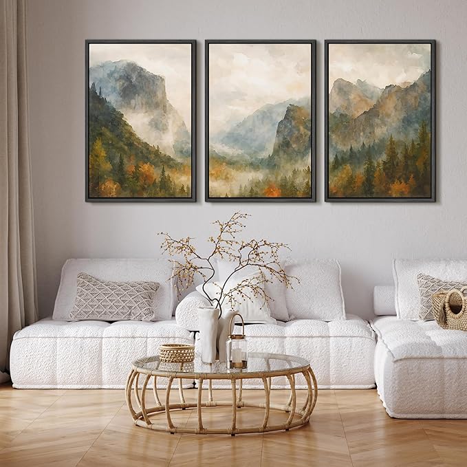 SIGNFORD Framed Wall Art Print Set Misty Mountain Valley Watercolor Serene Nature Landscape Digital Art Modern Art Contemporary for Living Room, Bedroom, Office - 24"x36"x3 Black