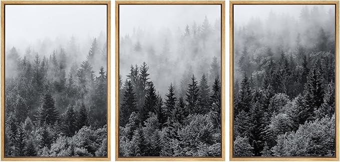 SIGNWIN Framed Canvas Print Wall Art Set Black & White Misty Mountain Forest Nature Wilderness Photography Modern Art Chic Landscape Relax/Calm for Living Room, Bedroom, Office - 24"x36"x3 Natural