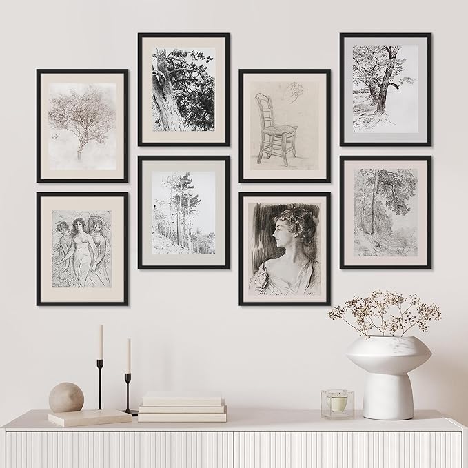SIGNWIN Framed Poster Bathroom Decor, Wall Art Room Decor Multicolor for Living Room, Bedroom, Office Black White Forest Landscape Female Portrait Vintage Illustrations Bohemian - 12"x16"x 8 Black
