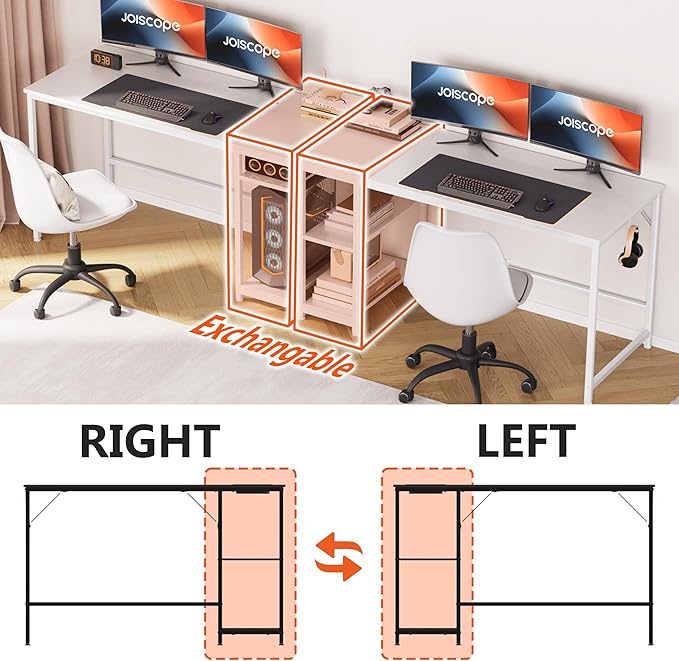 JOISCOPE Home Office Desk with Double Reversible Side Shelves and Headphone Hooks, Small Computer Desk for Working, Gaming, Studying, 48 inches, White