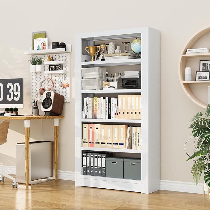 Heavy Duty Metal Bookshelf, 5 Shelf Adjustable Bookcase, 69’’ Tall Modern Bookshelves, Open Book Shelf Organizer, Large Sturdy Book Case for Living Room, Library, Office, White Book Shelf