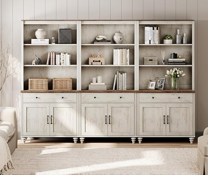WAMPAT Set of 3 Rustic White Bookcase with Doors & Drawers, 5 Tier Bookshelf, 72'' Tall Book Case Shelf, Large Wood Bookcases Farmhouse Bookshelves for Living Room Bedroom Home Office Kitchen