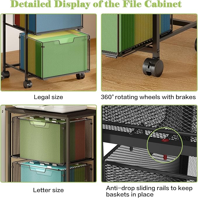 Letter/Legal Rolling File Cart with 2 Storage Drawers, Under Desk Storage, Vertical Filing Cabinet for Home Office, Hanging File Folders Organizer, Mobile Utility Cart Printer Stand, Black
