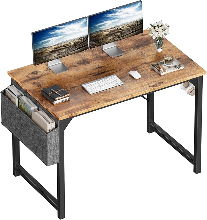 Shahoo Computer Desk, 40 Inch Office Writing Work Table, with Storage Bag and Hook, for Home, Study, Rustic Brown