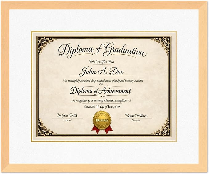 Diploma Frame Natural Wood with Oyster Shell Over Gold Double Mat - Fits 17 x 13 International Diploma Wall Display Made in the USA