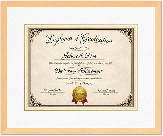 Diploma Frame Natural Wood with Oyster Shell Over Gold Double Mat - Fits 17 x 13 International Diploma Wall Display Made in the USA