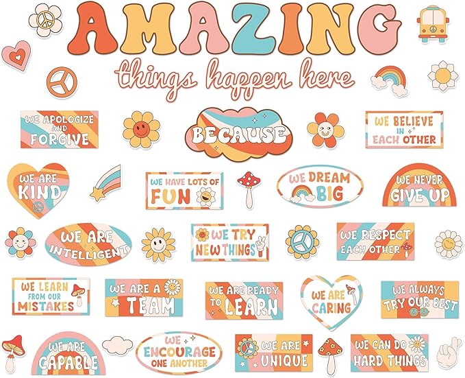 Groovy Welcome Back to School Bulletin Board Classroom Decoration Boho Retro Amazing Things Happen Here Bulletin Board Affirmation Station Positive Encouraging Paper Cutout for School Class Wall Decor