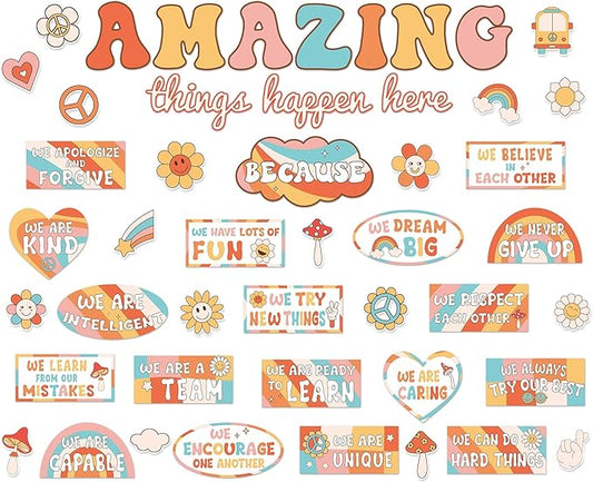 Groovy Welcome Back to School Bulletin Board Classroom Decoration Boho Retro Amazing Things Happen Here Bulletin Board Affirmation Station Positive Encouraging Paper Cutout for School Class Wall Decor