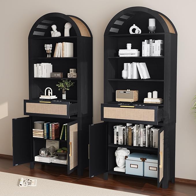 79" Tall Arched Bookcase with Storage, Mid Century Modern 6-Tier Cabinet with Door and Drawer, Arched Bookshelf with Open Display Shelf for Office Living Room(Black, 79inch-Doors)
