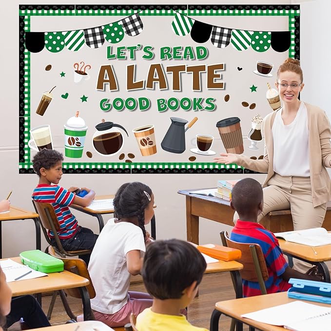 Coffee Bulletin Board Set Coffee Cup Classroom Decoration Latte Paper Cutouts Green Coffeehouse Crafts Teacher's Helper Charts for Back to School Nursery Chalkboard Reading Decor Wall Door
