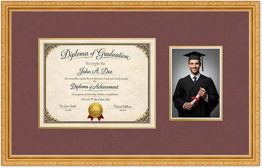 Diploma Frame With Photo Opening Museum Gold Dark Red Over Gold Mat - Fits 11 x 8.5 Degree and Picture Made in the USA