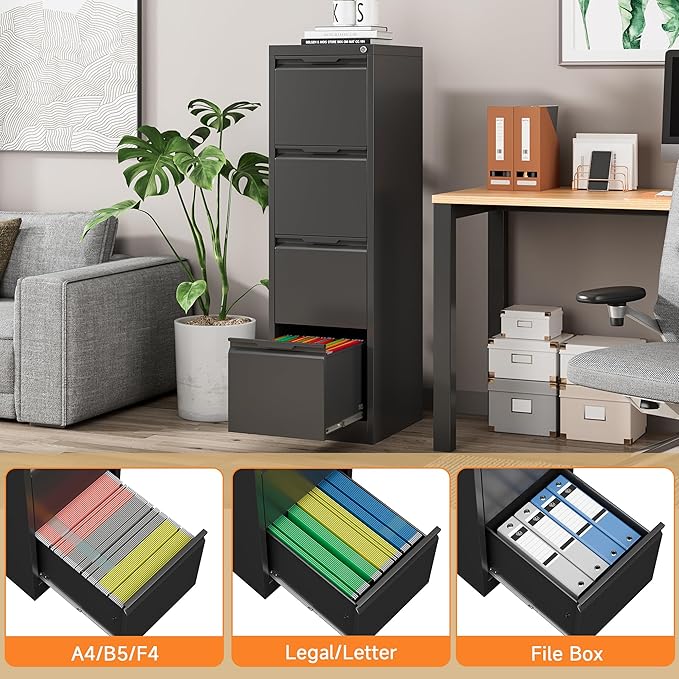 Coolsun Metal File Cabinet with Lock, 4 Drawer Filing Cabinet for Home Office, Locking Vertical Filing Cabinet for A4/F4/Lagel/Letter Assembly Required (Black, 4 Drawer)