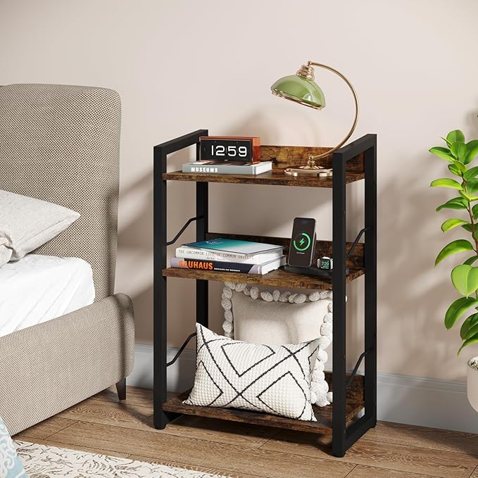Hosfais Book Shelf Small Bookshelf: 3-Tier Wood Bookcase Industrial Bookshelf with Edge Protection Metal Narrow Bookcase Storage Organizer Display Rack for Bedroom Home Office (Rustic Brown)