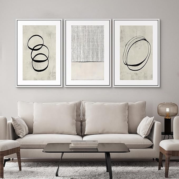 SIGNWIN Framed Canvas Print Wall Art Set Geometric Ring Grid Landscape Graffiti & Street Art Abstract Cozy Neutral Modern Art Decorative Nordic for Living Room, Bedroom, Office - 16"x24"x3 White