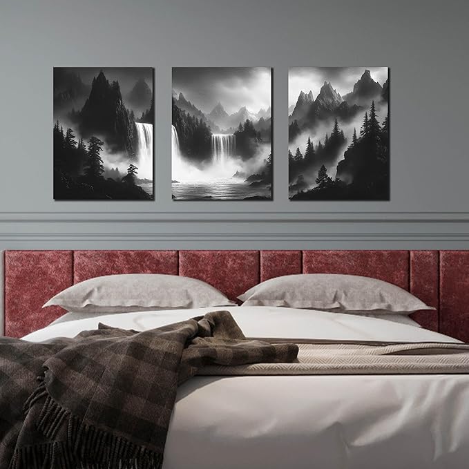 Foggy Forest Wall Art for Living Room - Mountains Canvas Wall Art for Office - Black and White 3 Piece Wall Decor Size 12" x 16"