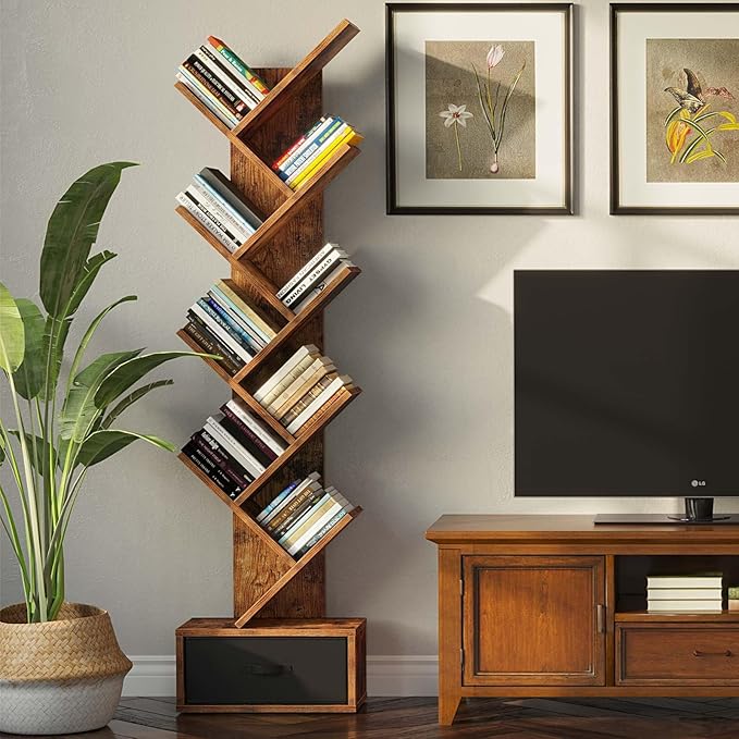 Rolanstar Tree Bookshelf with Drawer, 9 Shelf Bookshelf, Wooden Bookcase Storage Rack for CDs/Movies/Books, Corner Bookshelves, Utility Organizer Shelves for Living Room, Bedroom, Rustic Brown