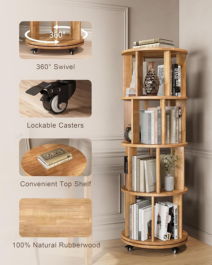 Rotating Bookshelf, 4 Tier Solid Wood Bookshelf Tower with Lockable Wheels, 360° Spinning Revolving Bookcase for Small Spaces, Corners, Bedroom, Kids Room, Home Office, Natural