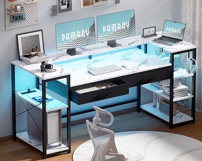 Pamray 58 Inch Computer Desk with Monitor Stand and Shelves Gaming Desk with LED Lights & Power Outlets PC Vanity Table with 2 Drawers for Home Office Marble