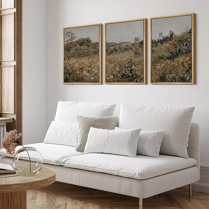SIGNFORD Framed Wall Art Print Set Summer Wildflower Lush Floral Landscape Illustrations Modern Decorative Multicolor Relax/Calm Chic for Living Room, Bedroom, Office - 16"x24"x3 Natural