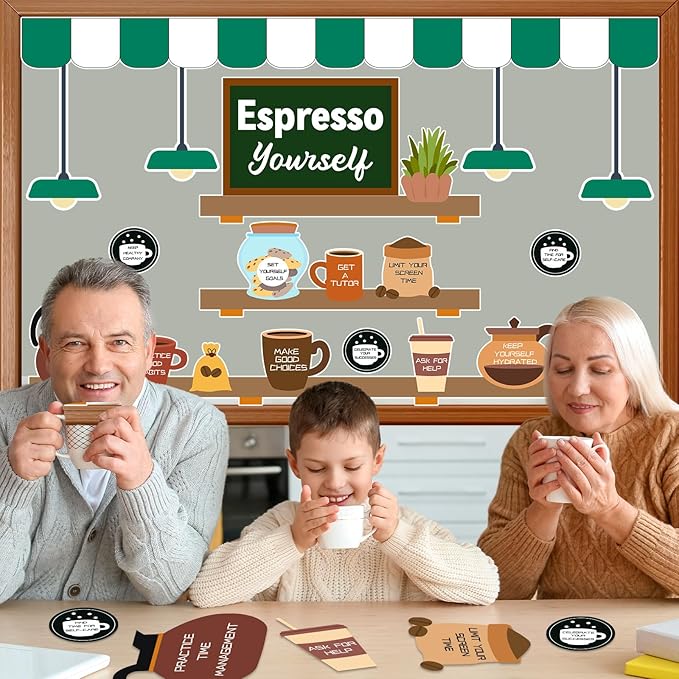 Coffee Bulletin Board Set Mental Health Classroom Bulletin Board Decorations Coffee Shop Motivational Cutouts Classroom Decorations for Back to School Office Home Chalkboard Decor Wall Door