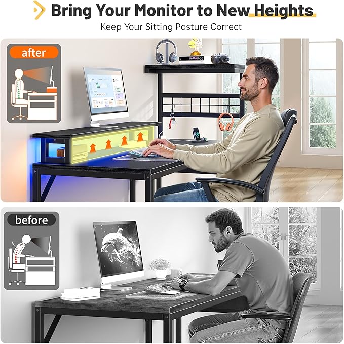 EnHomee 40" Gaming Desk with Power Outlets & LED Lights, Computer Desk with Drawer & Storage Shelve, Home Office Desk with Monitor Stand for Living Room, Study Room, Gaming Room, Black