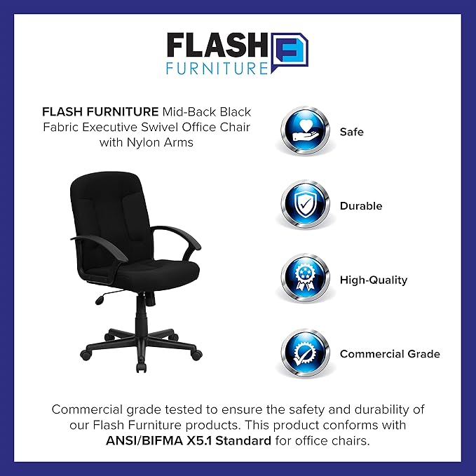 Flash Furniture Garver Mid-Back Black Fabric Executive Swivel Office Chair with Nylon Arms