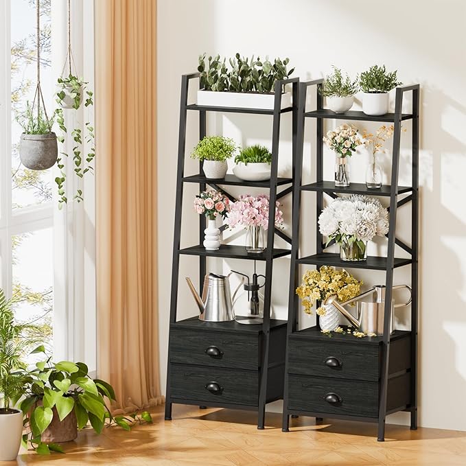 Furologee 4-Tier Ladder Shelf,Small Bookshelf with 2 Drawers,Vertical Bookcase Storage Rack Organizer,Display Bookshelves for Living Room,Bedroom,Bathroom,Home Office,Kitchen,Black Oak