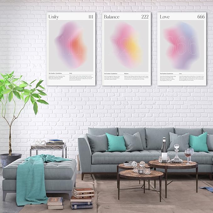 Colorful Gradient Aura Angel Numbers Poster Canvas Print Artwork Room Decor for Bedroom Aesthetic, 3 Piece Framed Inspirational Minimalist Art Paintings Decor for Bedroom Office 24"x36" x 3 Pcs
