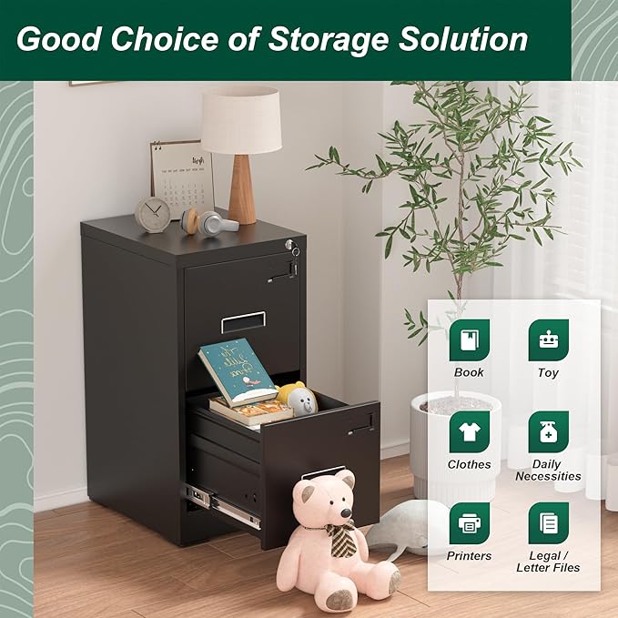 Superday 2 Drawer File Cabinets, 18” D Vertical File Cabinet with Lock, Locking Filing Cabinet for Home Office, Black Metal Filing Cabinets for Hanging Letter/Legal Folders, Easy Assemble