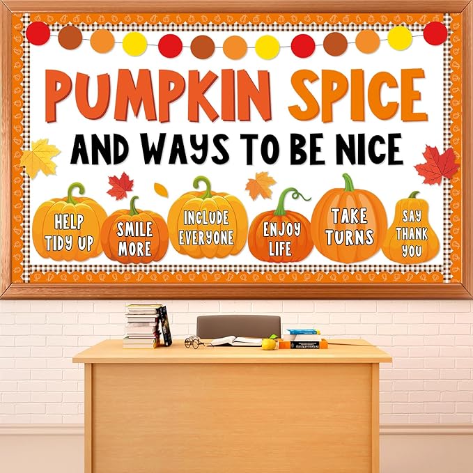 gisgfim Thanksgiving Pumpkin Bulletin Board Decorations Fall Classroom Pumpkin Spice and Ways to Be Nice Paper Cutouts Autumn Bulletin Board Set DIY Craft for School Office Wall Door Decor Supplies