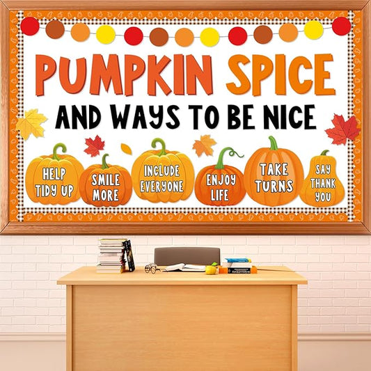 gisgfim Thanksgiving Pumpkin Bulletin Board Decorations Fall Classroom Pumpkin Spice and Ways to Be Nice Paper Cutouts Autumn Bulletin Board Set DIY Craft for School Office Wall Door Decor Supplies