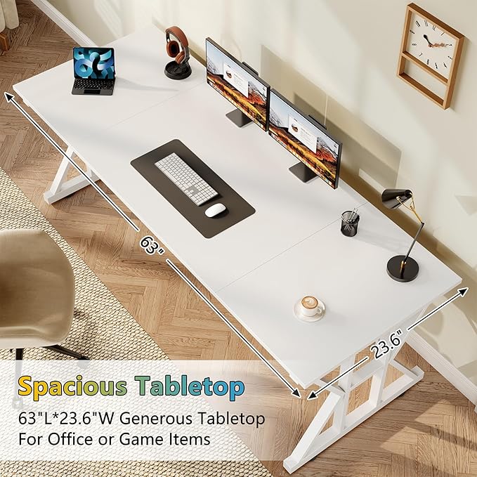 TVU Computer Desk, 63 inch Large Office Desk, Study Writing Table with Thicken Frame, Gaming Desk, Modern Simple Desk for Home Office, White