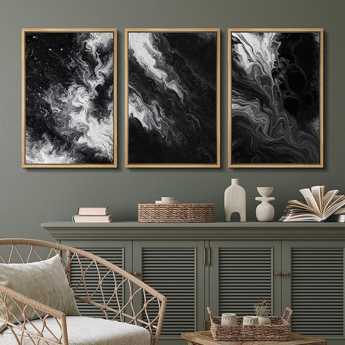 SIGNFORD Framed Wall Art Print Set Black and White Marble Abstract Modern Fluid Digital Art Modern Art Contemporary for Living Room, Bedroom, Office - 24"x36"x3 Natural