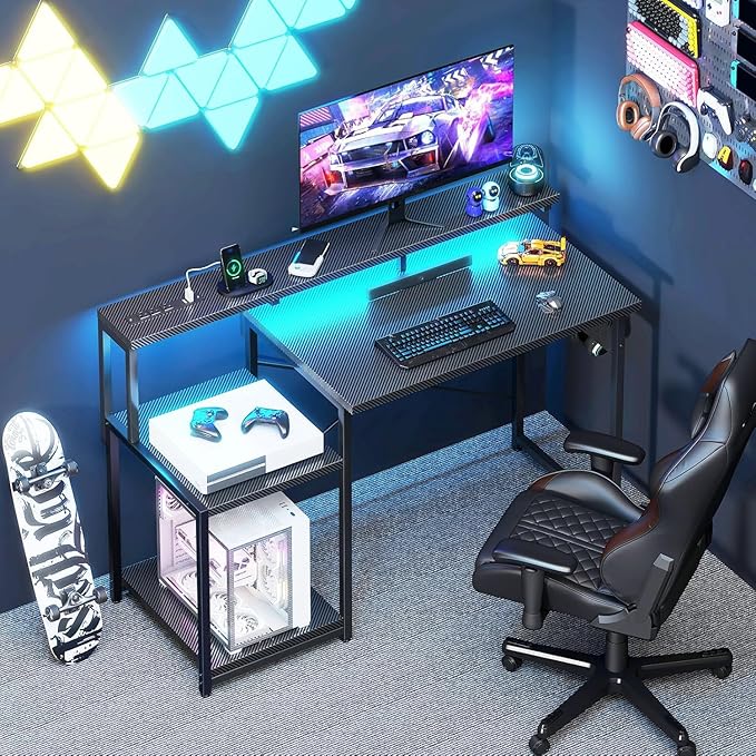 AODK Computer Desk, 48 Inch Gaming Desk with Led Lights & Power Outlet, Office Desk with Storage Shelves, Reversible Desk with Monitor Shelf & Headphone Hook, Carbon Fiber Black