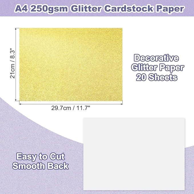 PATIKIL 20Sheets Light Gold Glitter Cardstock, 8.3x11.7 in A4 Glitter Paper Card Stock Shiny Scrapbook 250gsm Sparkly Paper Large Shimmer for Crafts Scrapbook DIY Art Wedding Party