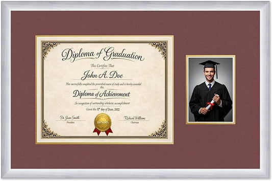 Diploma Frame With Photo Opening Stainless Silver Dark Red Over Gold Mat - Fits 14 x 11 Degree and Picture Made in the USA