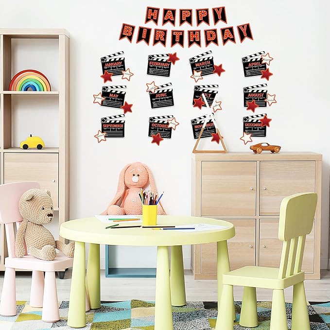 JarThenaAMCS 85Pcs Happy Birthday Bulletin Board Set Movie Night Calendar Poster Movie Stars Classroom Birthday Chart for Back to School Decorations